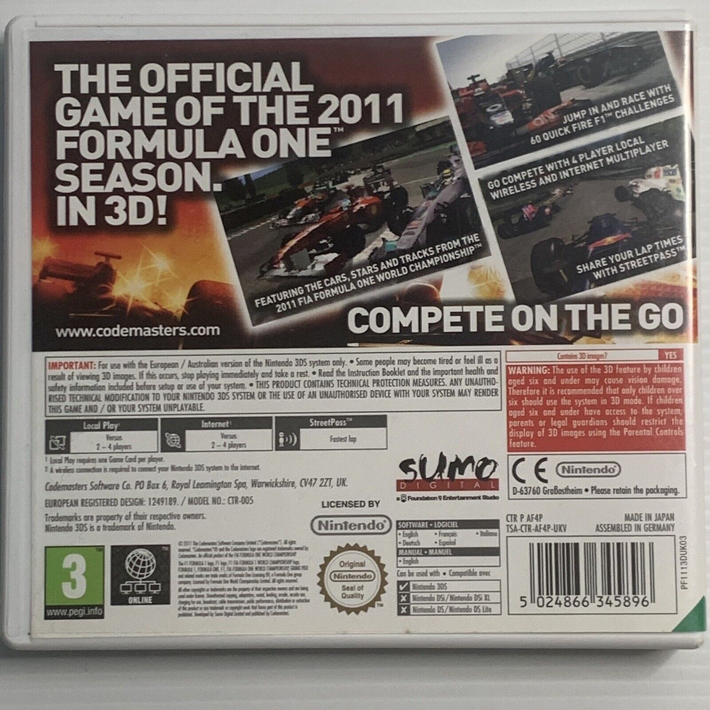 F1 Formula 1 2011 Nintendo 3DS Game