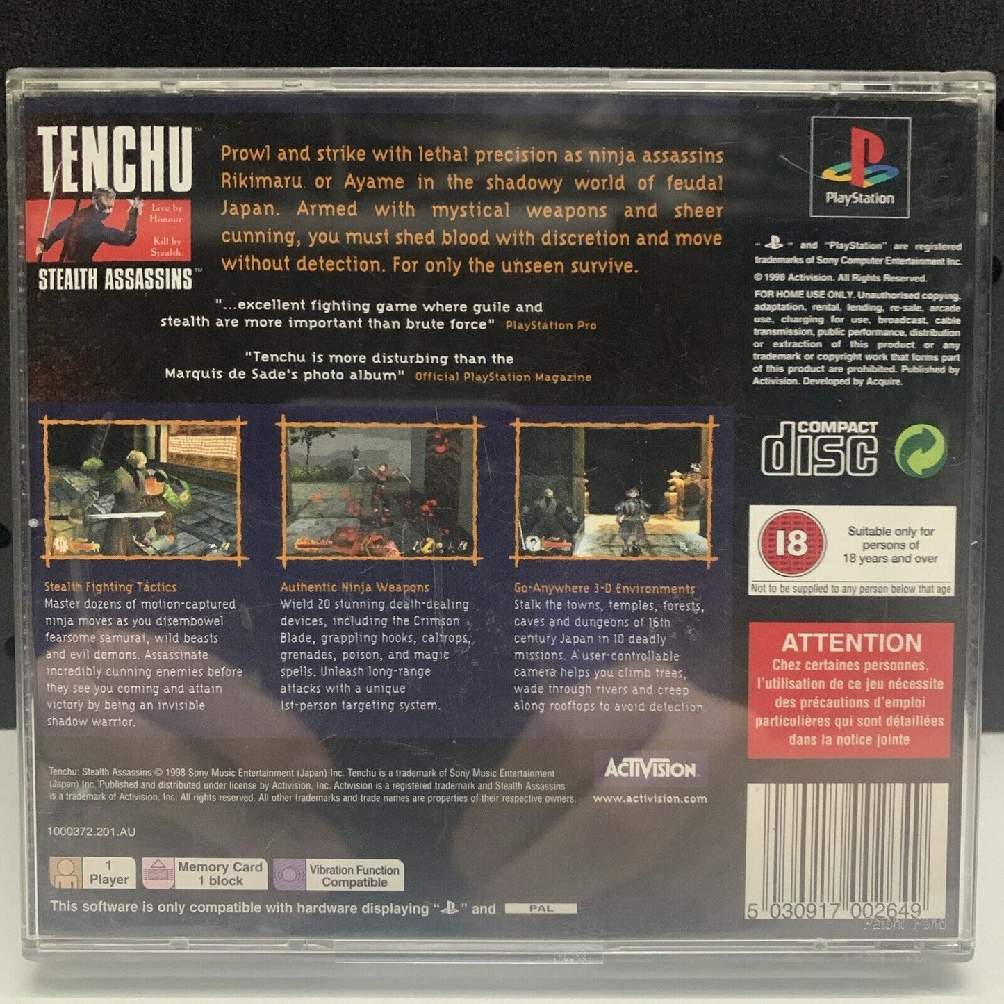 Tenchu: Stealth Assassins PlayStation One PS1 Game