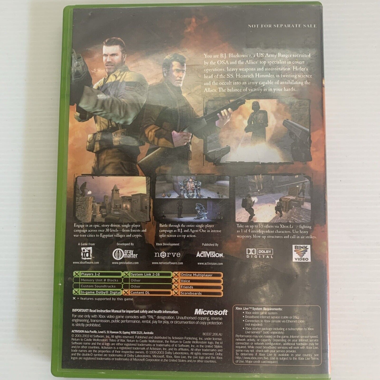 Return to Castle Wolfenstein Tides of War Xbox Original Game