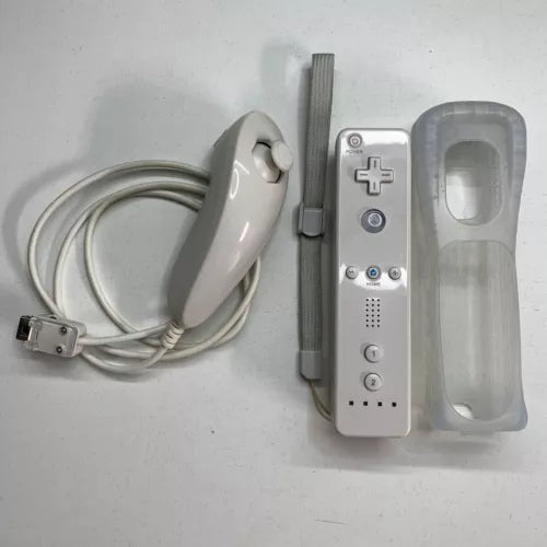 Genuine Official Nintendo Wii Remote Controller + Nunchuck + Cover White RVL-003